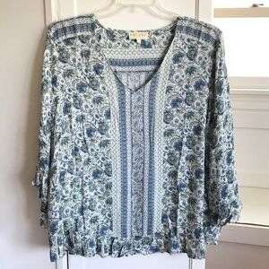 Cynthia Rowley Blue and Green Floral V-Neck Blouse